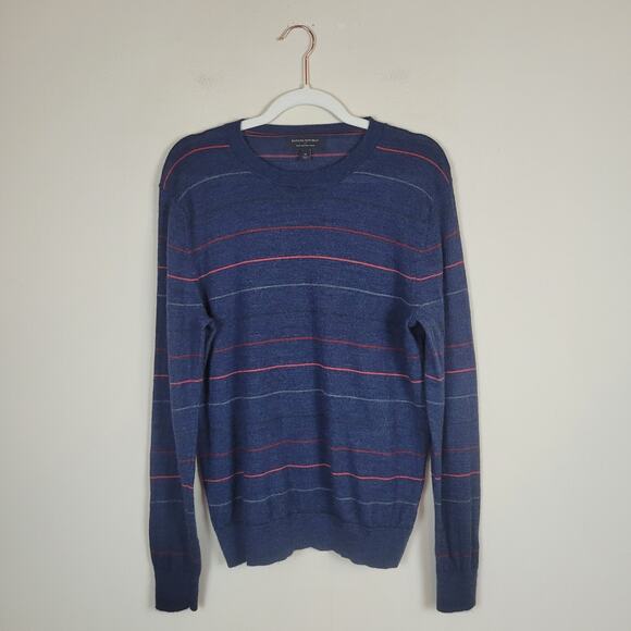 Banana Republic Sweater Men Medium Blue Stripes Merino Wool Crewneck Lightweight - Picture 1 of 6